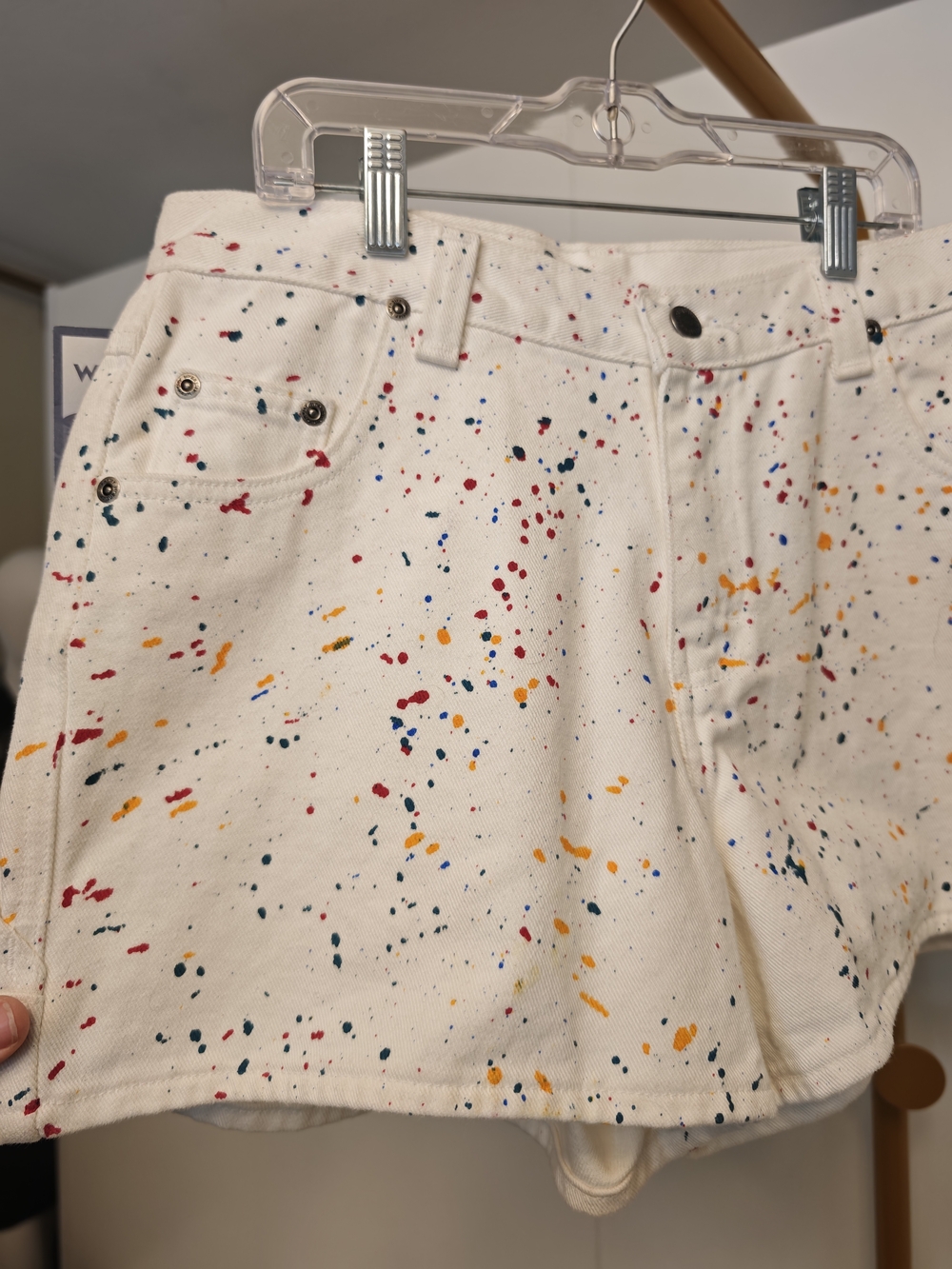 Wrangler White Denim Shorts with Multicolor Paint-Splatter